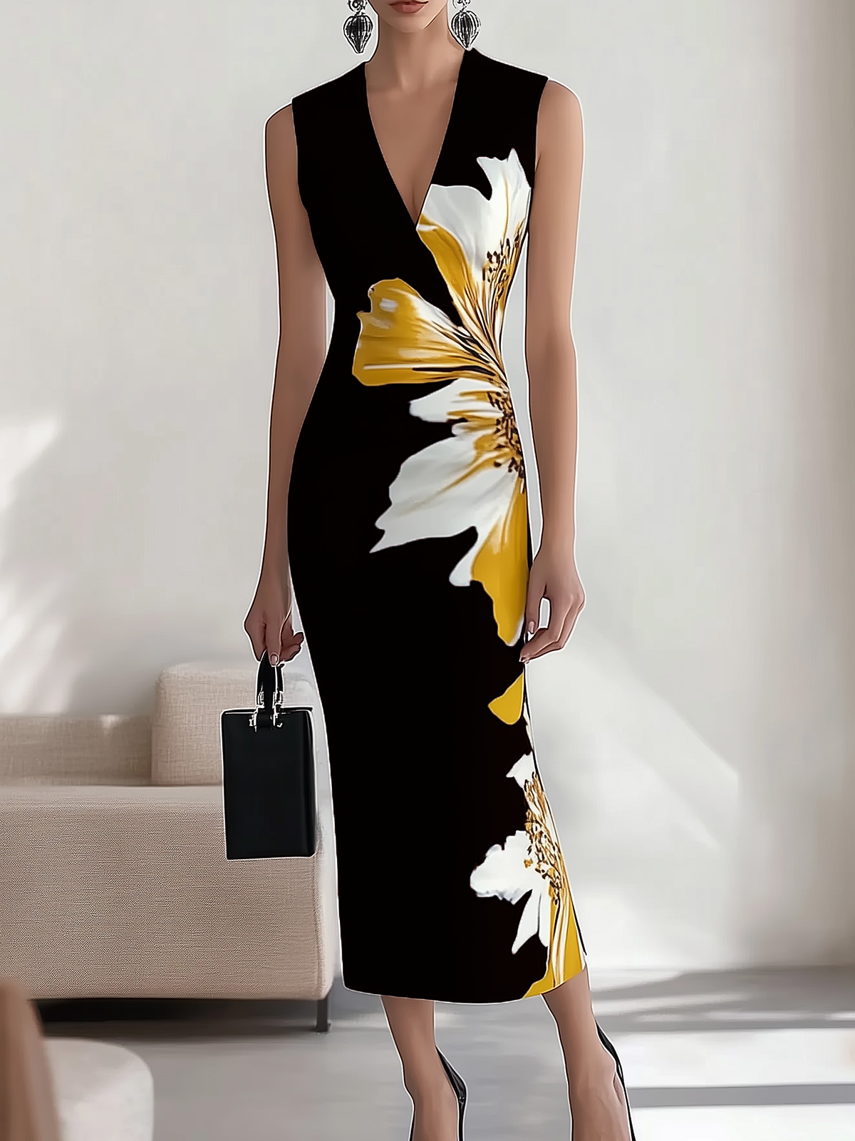 Sleeveless V-neck floral print long dress