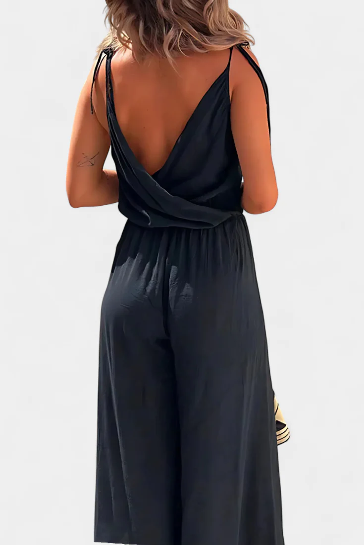 Lightweight long jumpsuit with thin straps, V-neckline and leg slits
