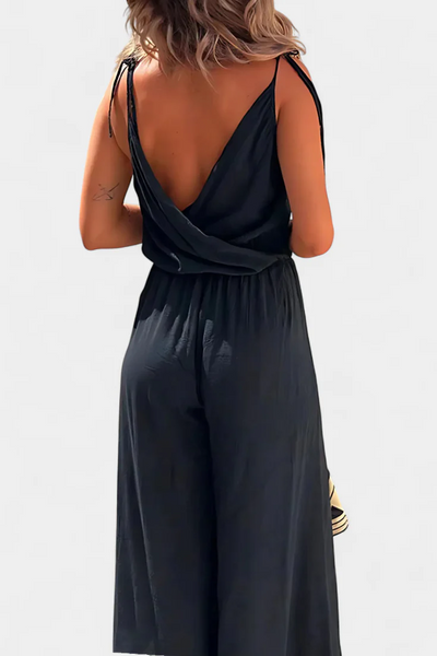 Lightweight long jumpsuit with thin straps, V-neckline and leg slits