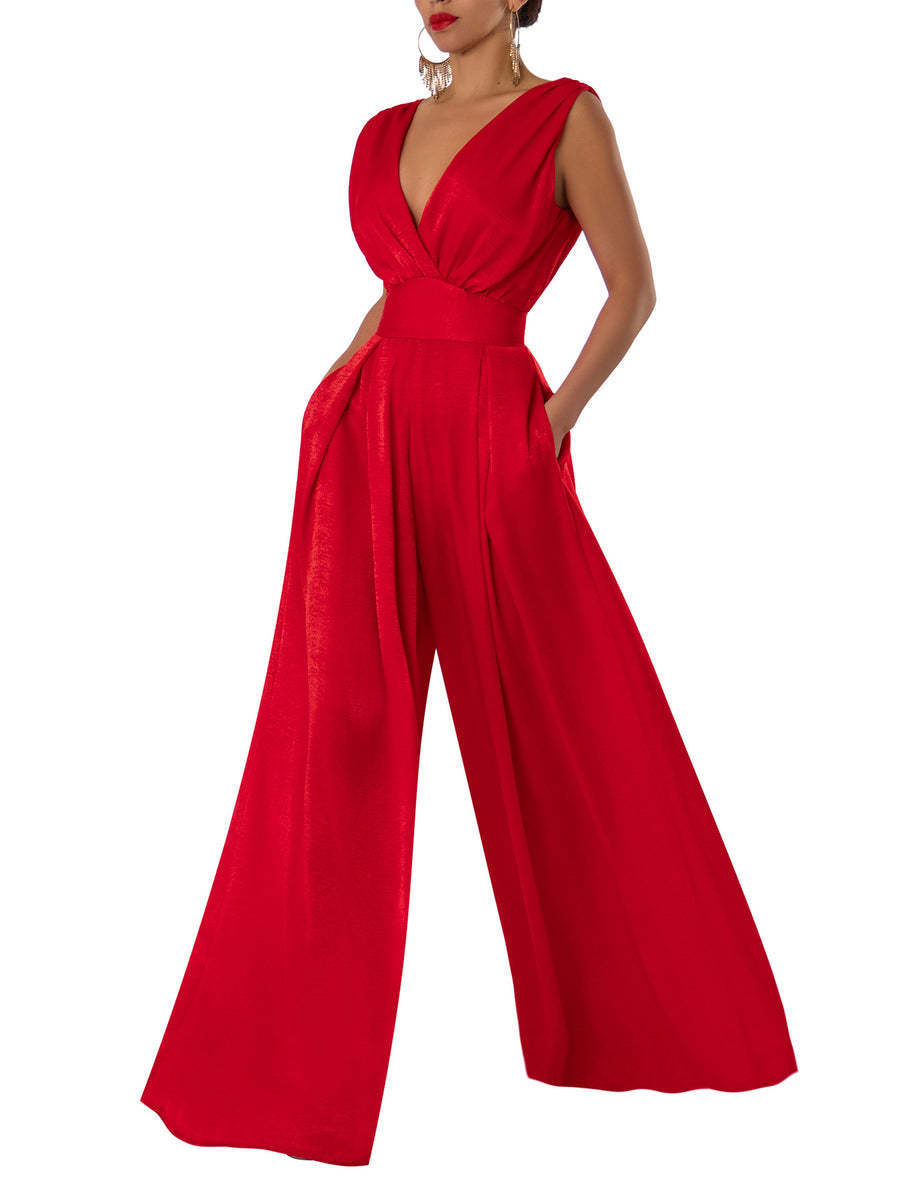 Elegant women's sleeveless V-neck jumpsuit with wide-legged trousers