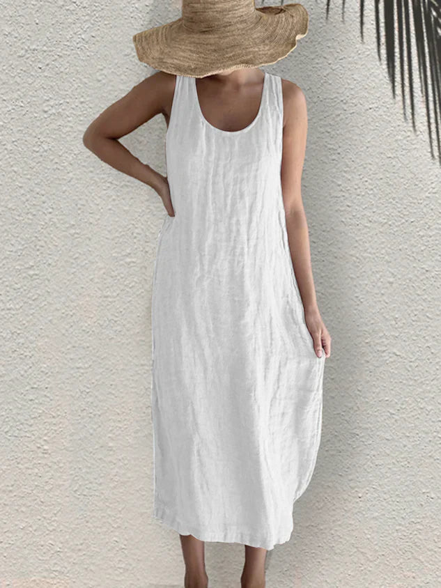 Greattioa Women's Casual Loose Cotton Linen Summer Vacation Plain Round Neck Sleeveless Dress