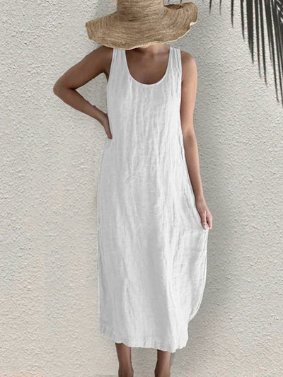 Greattioa Women's Casual Loose Cotton Linen Summer Vacation Plain Round Neck Sleeveless Dress