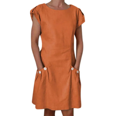 Micaela - Casual woven dress with short sleeves and a round neckline, khaki