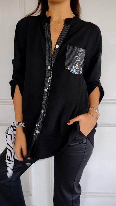 Malena - Cotton Leisure Top with V-Neck and Sequins and Mid-Length Sleeves