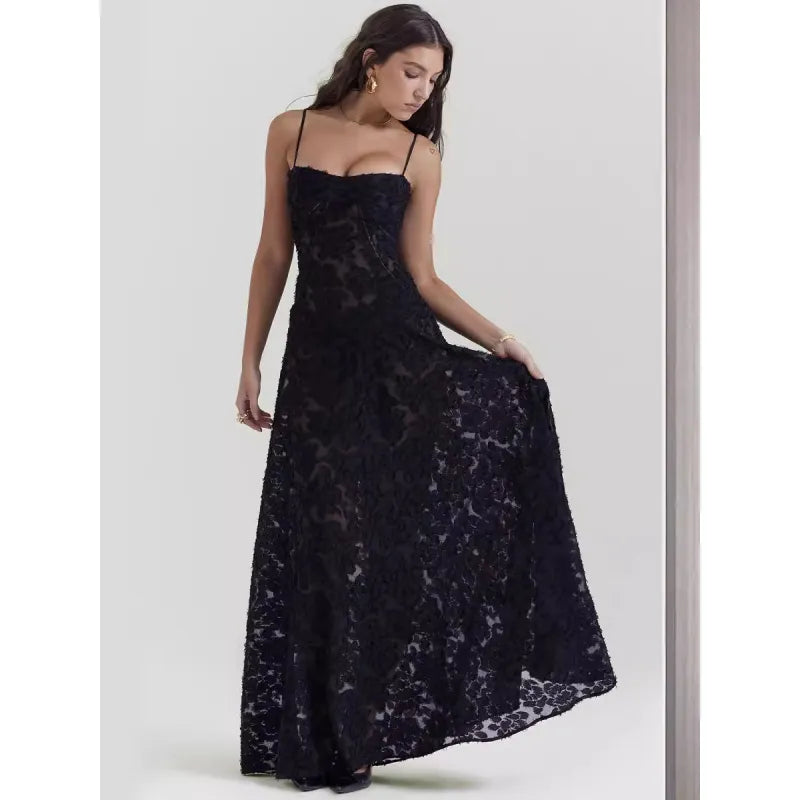 Eliana - Comfortable sleeveless lace dress with square neckline