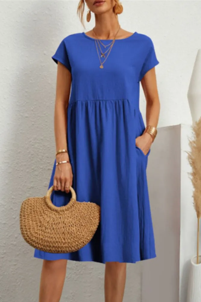 Melanie - Casual Solid Patchwork Dress with O-Neck and Short A-Line Sleeves