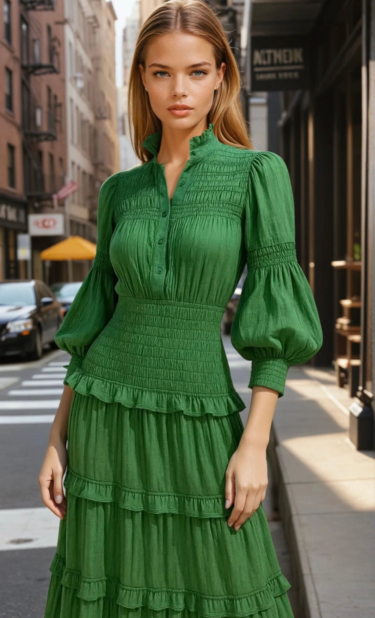 Elegant pleated midi dress with short puffed sleeves and a V-neckline