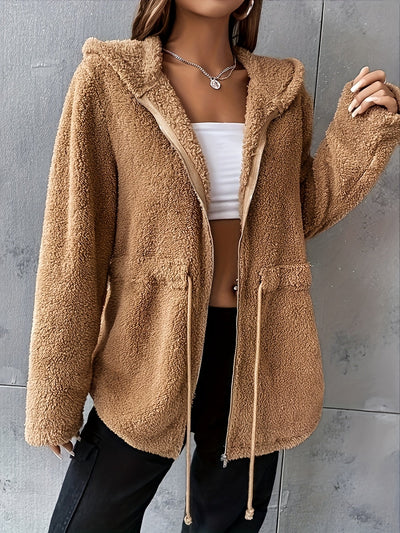 Women's Drawstring Hooded Teddy Jacket - Casual Zipper Outerwear