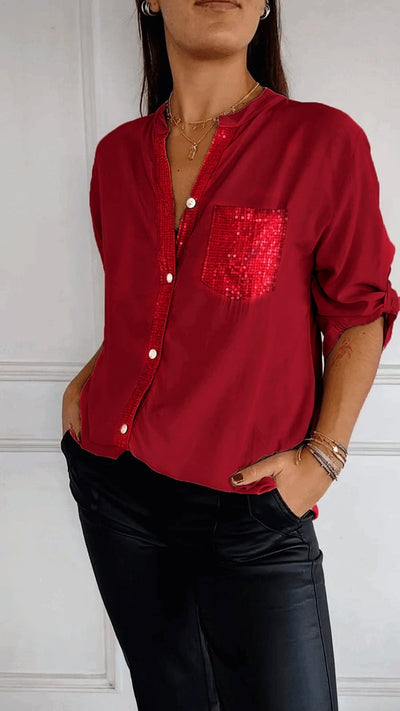 Malena - Cotton Leisure Top with V-Neck and Sequins and Mid-Length Sleeves