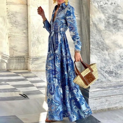 Laura - Pleated Maxi Party Dress with Long Lapel and Bohemian Floral Print