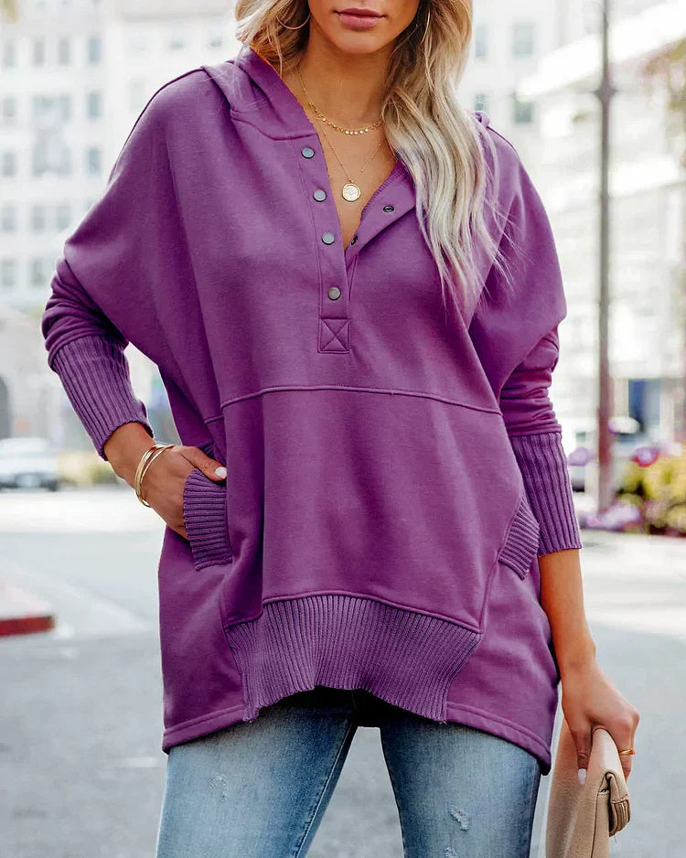 Brenda - Casual Solid Color V-Neck Batwing Sleeve Sweatshirt