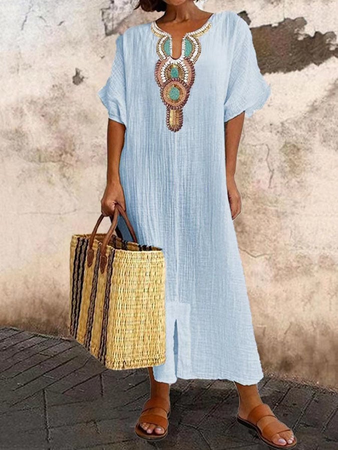 Marga - Women's Casual Solid Color Short Sleeve V-Neck Dress