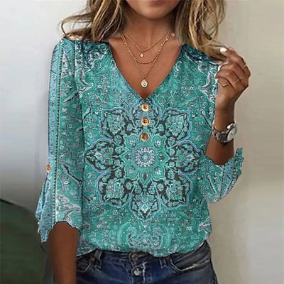 Helena - Printed blouse with 3/4 sleeves and a V-neckline