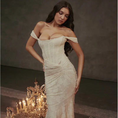 Eva - Solid Color V-Neck High Waist Fitted Long Dress