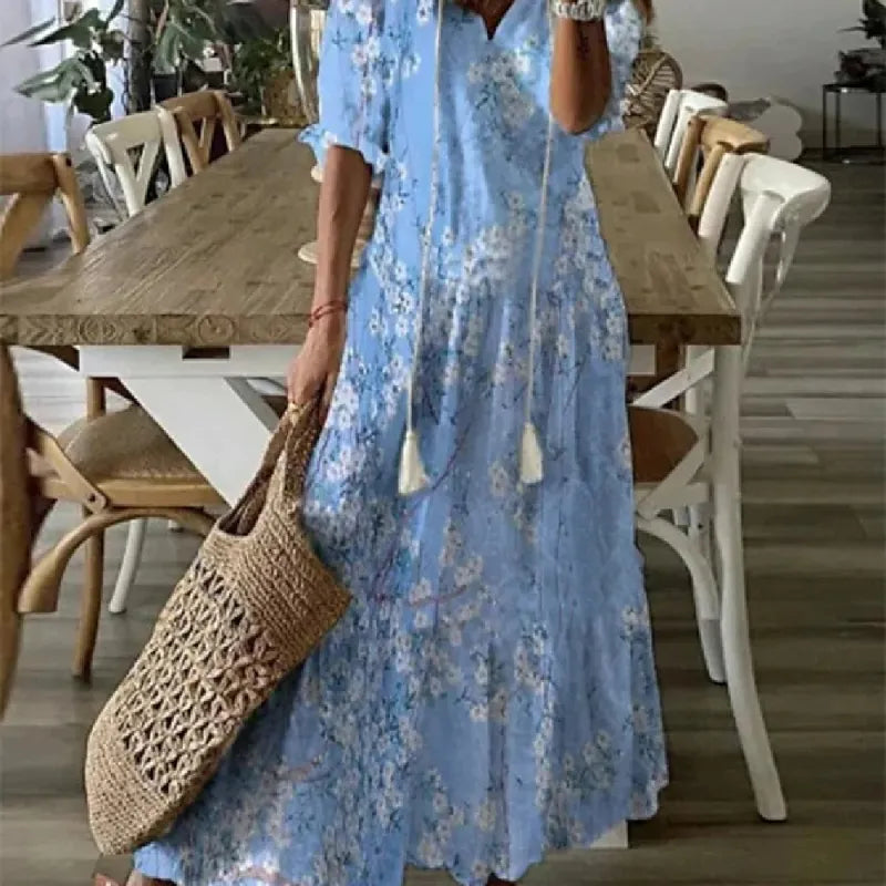 Delia - Women's Dresses Long V-neck Half Sleeve Dress with Beard Print