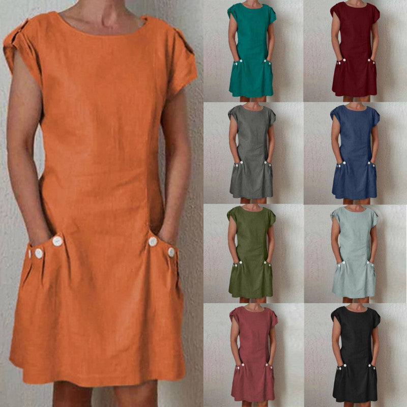 Micaela - Casual woven dress with short sleeves and a round neckline, khaki