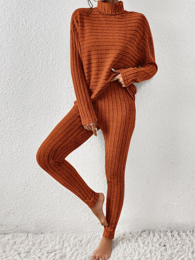 Ribbed turtleneck sweater and pants set