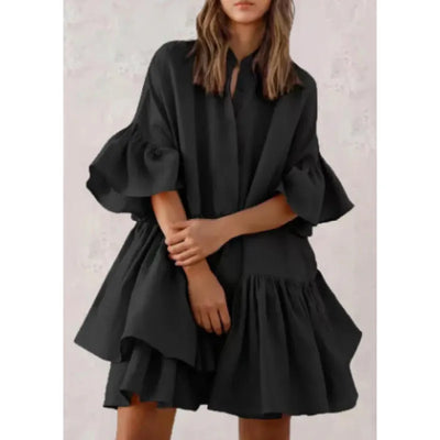 Erola - Casual monochrome dresses with V-neckline and pastel skirt