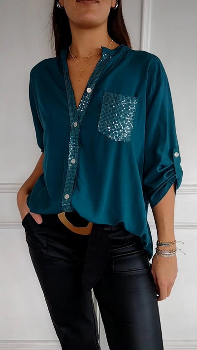 Malena - Cotton Leisure Top with V-Neck and Sequins and Mid-Length Sleeves