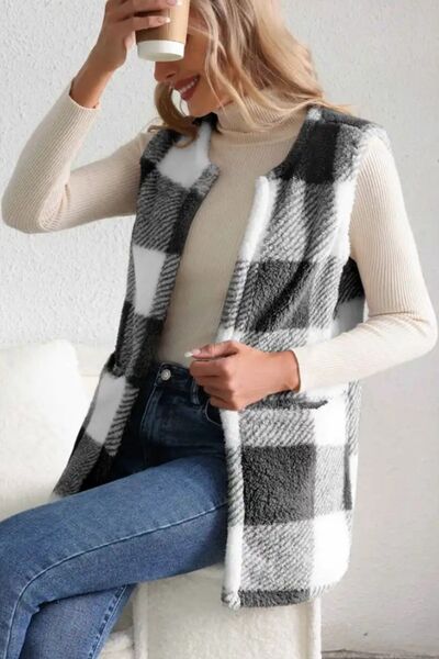 Laura's Open Check Vest - Warm and Cozy Style