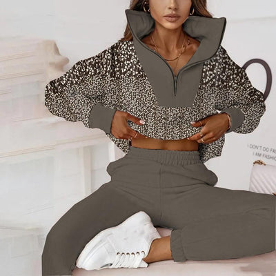 Women's Leopard Print Zip Neck Two Piece Set