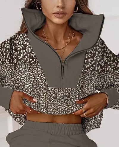 Women's Leopard Print Zip Neck Two Piece Set