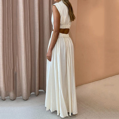 Claudia - Fashion High Neck Solid Color Casual Sleeveless Elegant Pleated Party Long Dress