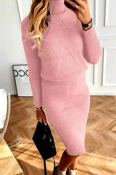 Women's Casual Two Piece Set with High Neck and Long Sleeves