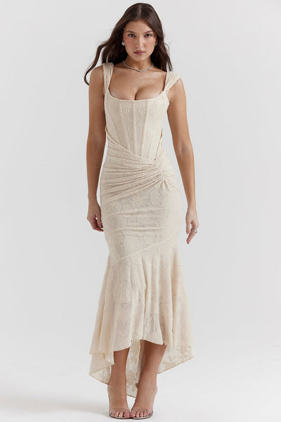Elegant and sophisticated long dress with asymmetrical skirt and adjustable straps