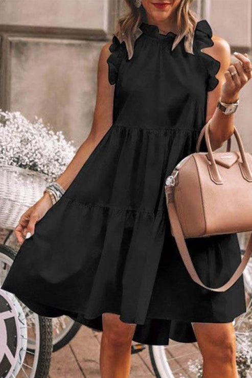 Modern and pretty patchwork dresses with fixed ruffles and A-line O-neckline