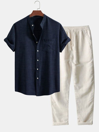 Men's set with short-sleeved mandarin collar shirt and casual straight-leg trousers