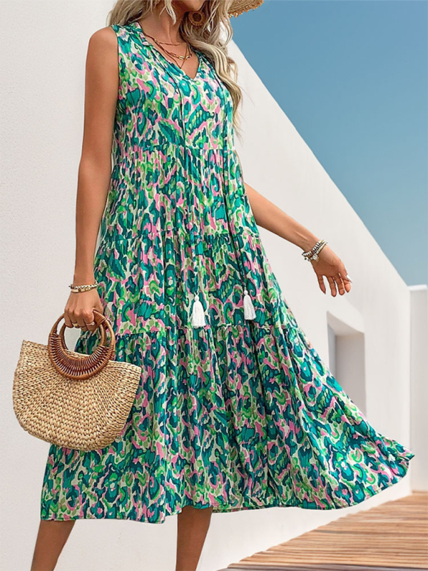 Camila - Teal abstract print midi dress for summer festivals