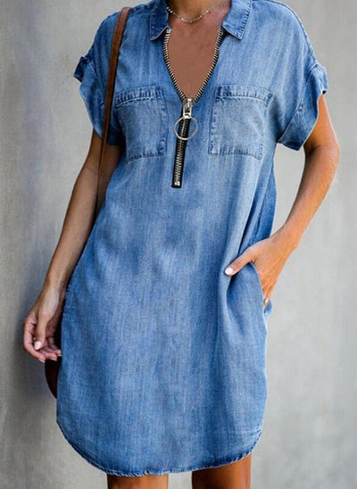 Chloe - Slim Fit Denim Dress with Zip and Collar