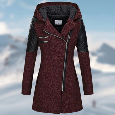 Modern winter coat with hood, zipper and fur details