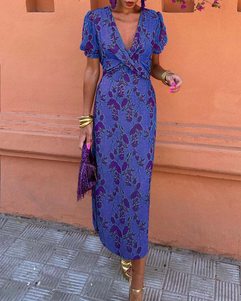 Floral print midi dress with a V-neckline, ideal for any occasion