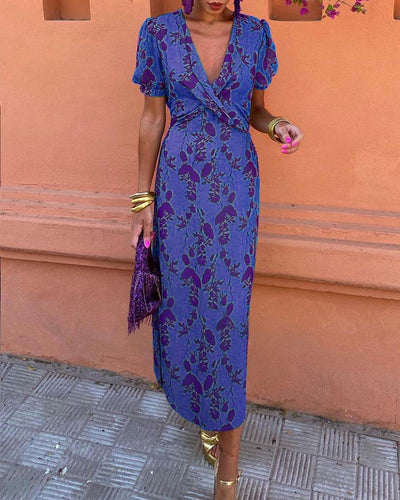 Floral print midi dress with a V-neckline, ideal for any occasion