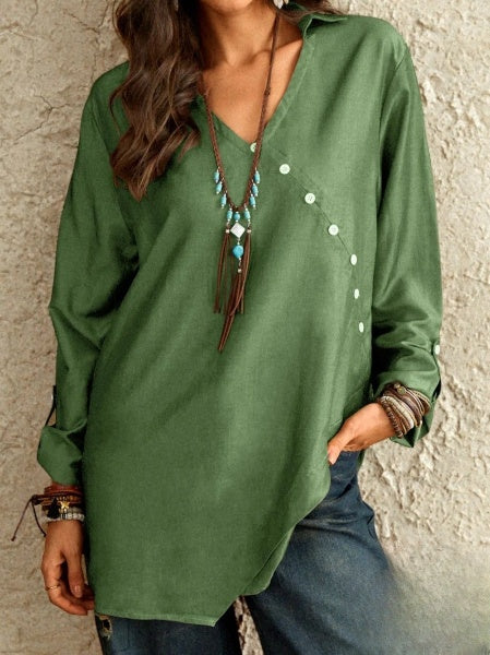 Esther Long Sleeve V-Neck Button Down Blouse