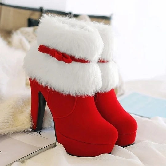 Women's Red and Black High Heel Winter Boots, Ideal for Casual Walks, Parties, and Christmas Events - Plus Sizes Available