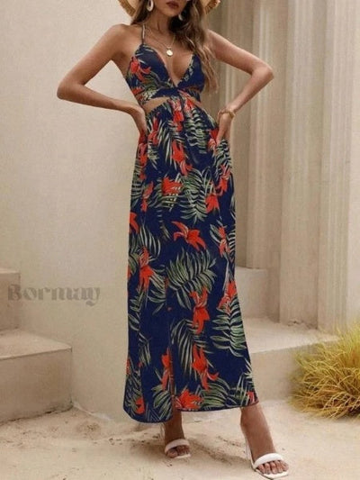 Emely - Printed dress with open back and butterfly knot detail and slit at neckline