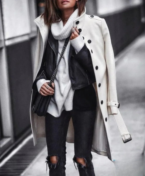 Women's Long-Sleeved Coat with Modern Design and Solid Color