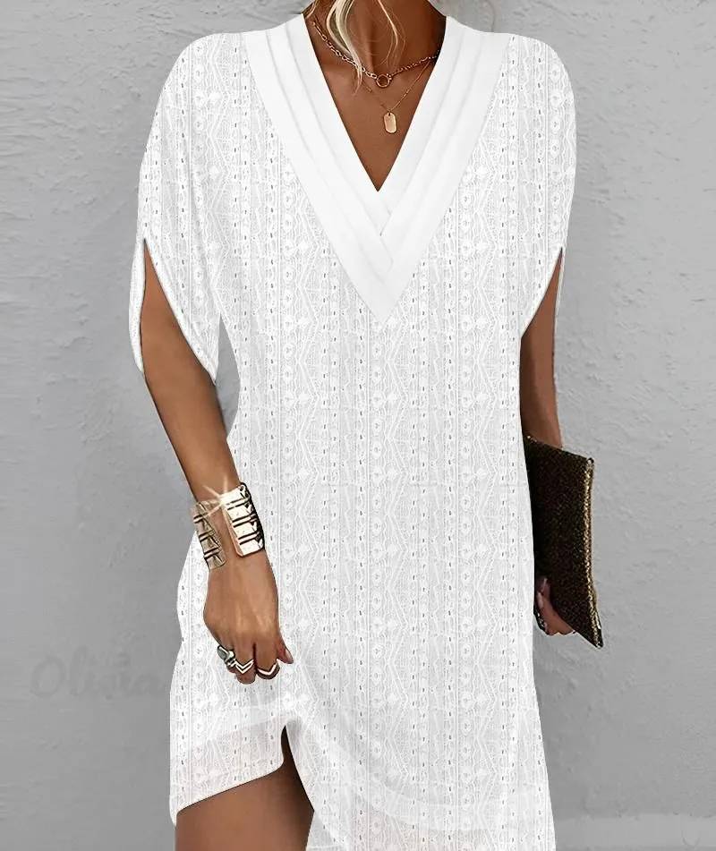 Berta - Women's Casual Half Sleeve V-Neck Eyelet Embroidered Dress
