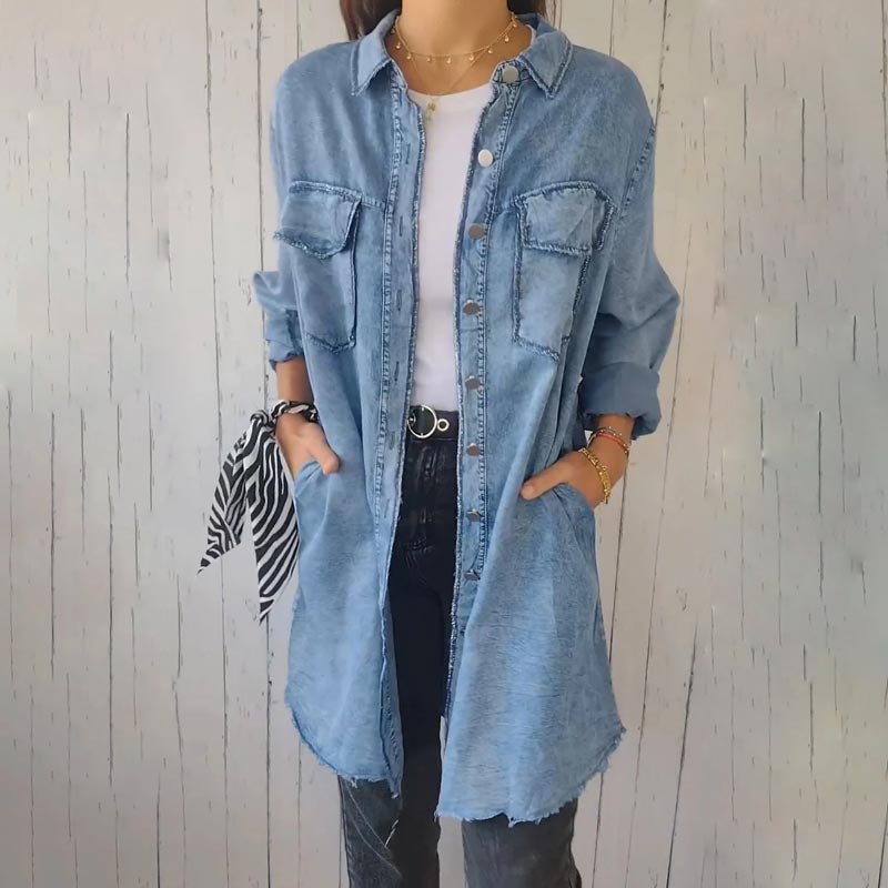 Emma - Women's comfortable denim-look coat shirt with lapels