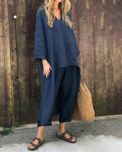 Elegant summer set for women with a long shirt and trousers