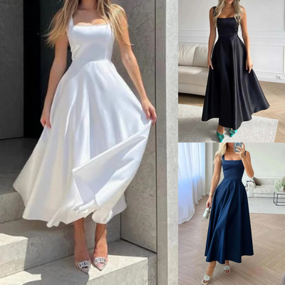 Elegant midi evening dress with straps and full skirt