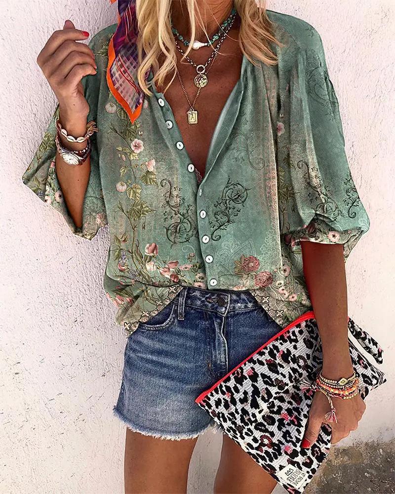 Lola - Green Printed 3/4 Sleeve Shirt