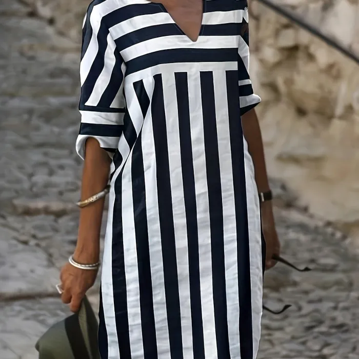 Alba - Casual Striped Dress with Plunge Neckline and Sleeves