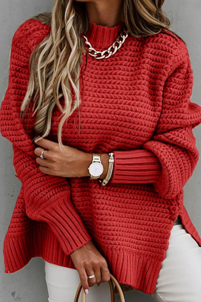 Erola - Fashion Street Solid O-Neck Slit Sweaters
