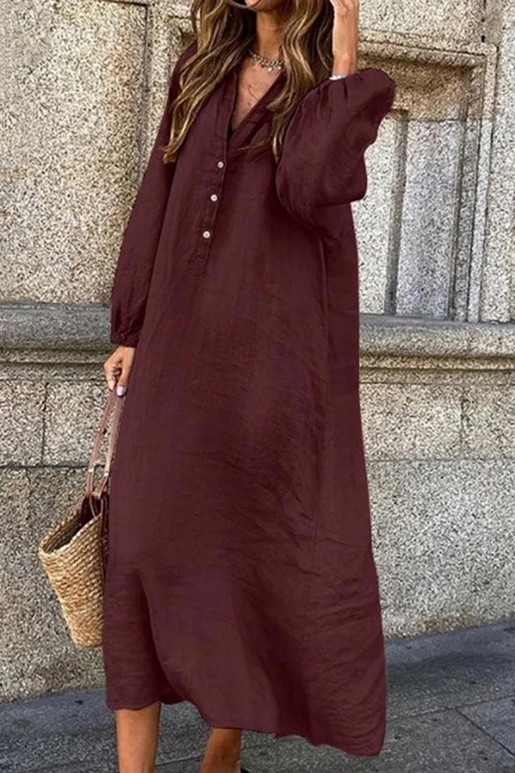 Laura - Single-breasted V-neck cotton linen dress