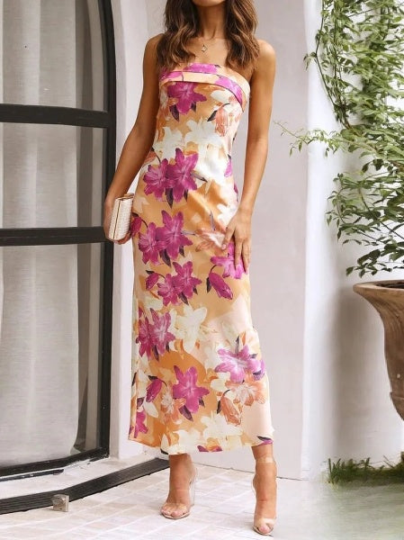Elena - Women's Dresses Floral Print Bandeau Bodycon Maxi Dress