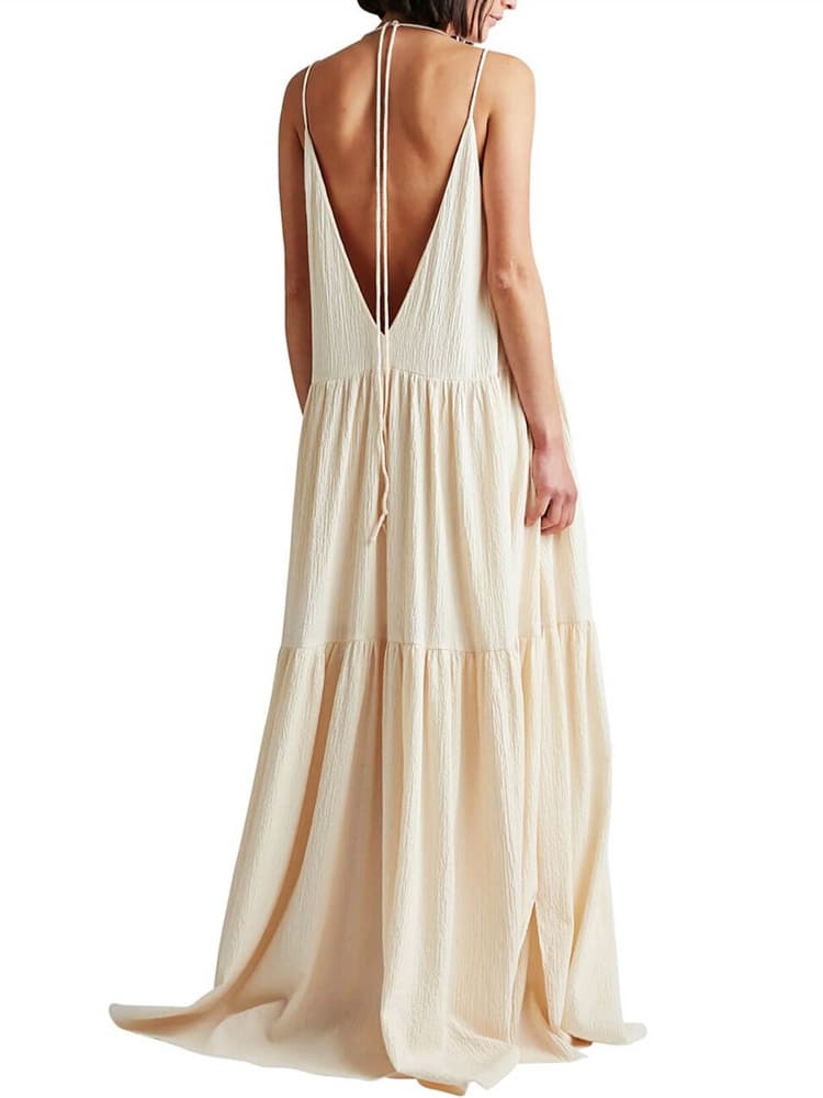 Lightweight long summer beach dress with thin straps and a deep neckline